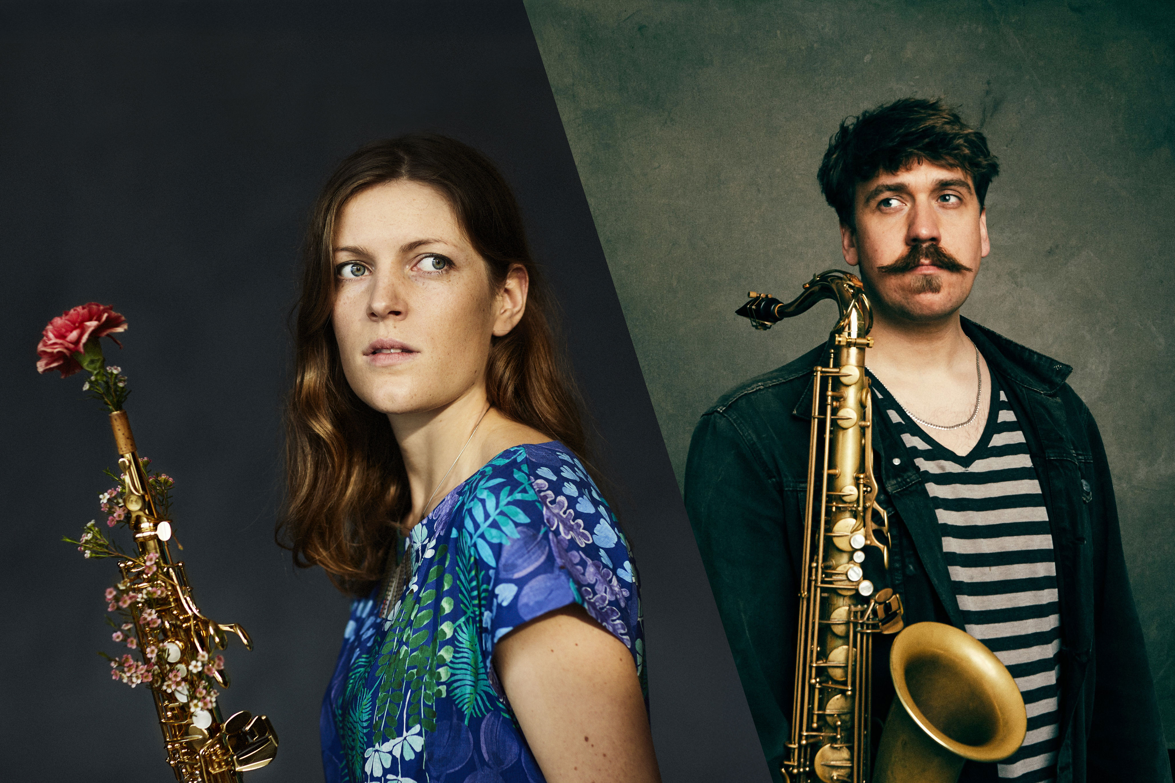 Två porträttbilder varav en på saxofonisterna Karolina Almgren och en på Edvin Ekman.