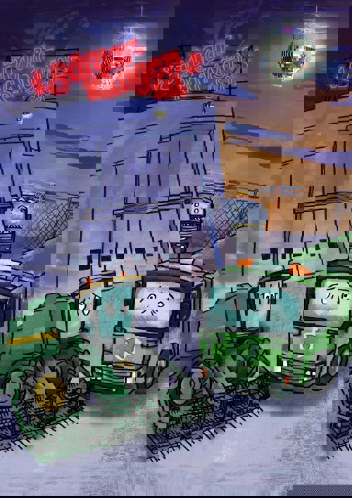 En illustration föreställande tre motorfordon utanför en garagelokal.