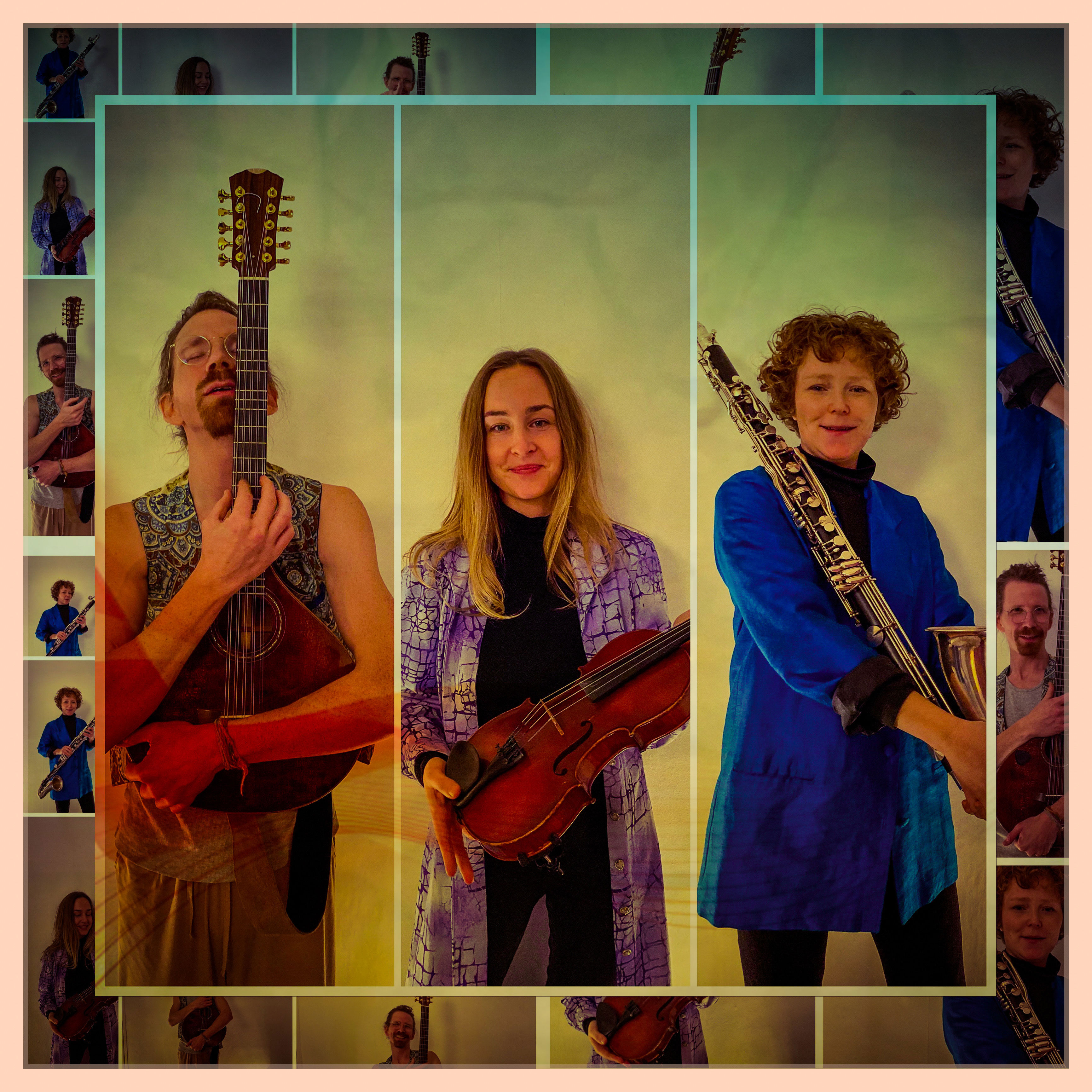 En man och två kvinnor med var sitt instrument på var sin bild som är ihopmonterade så att det blir en bild.