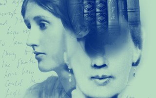 Kollage av två bilder på Virginia Woolf, bokryggar och en handskriven text av Virginia